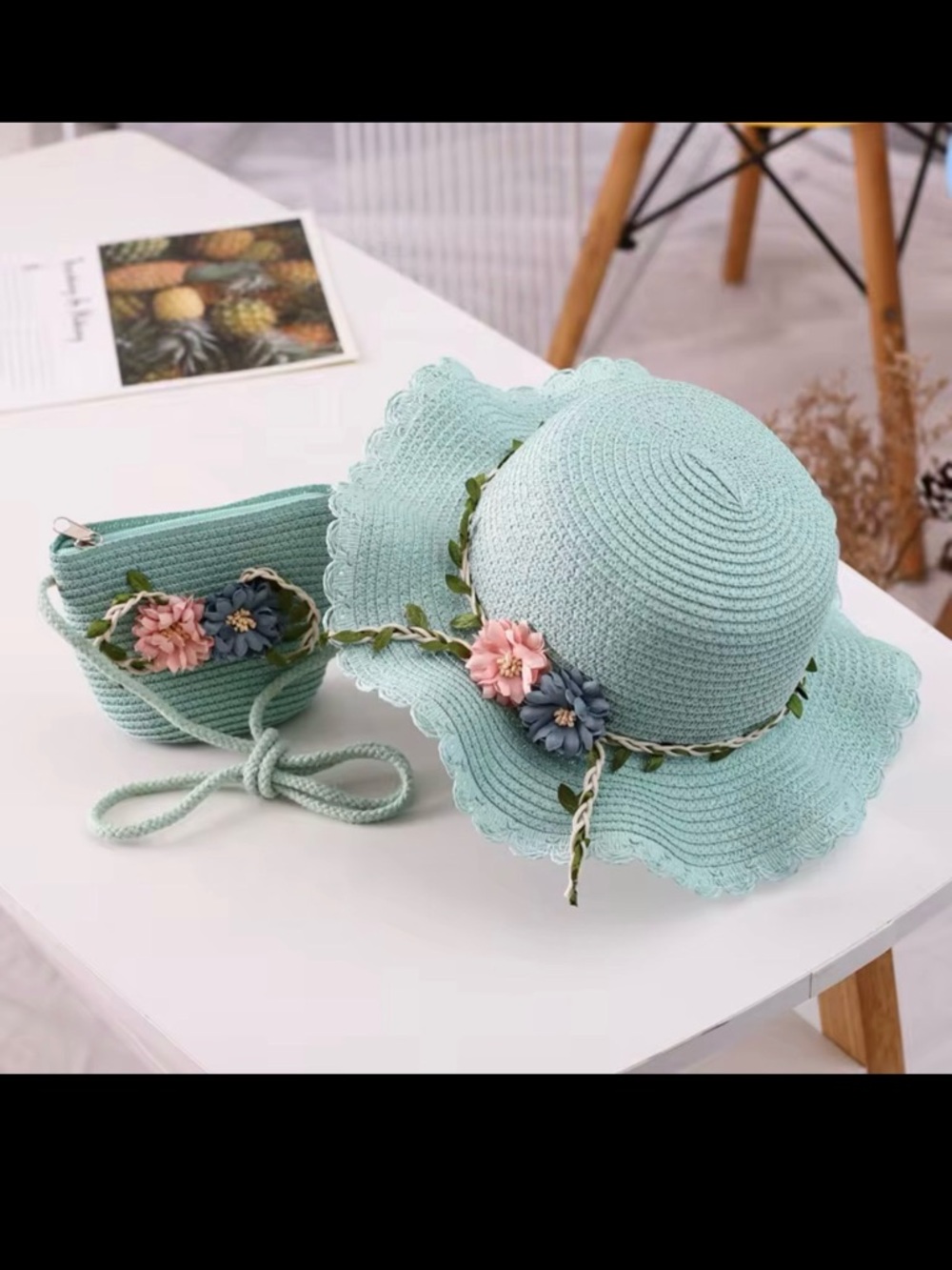 Kids Mint Floral Straw Sun Hat with Matching Purse - Kids Accessories